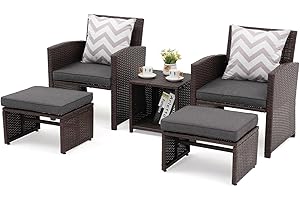OC Orange-Casual 5 Pcs Patio Conversation Set Balcony Furniture Set with Cushions, Brown Wicker Chair with Ottoman, Storage Table for Backyard, Garden, Porch, Dark Grey