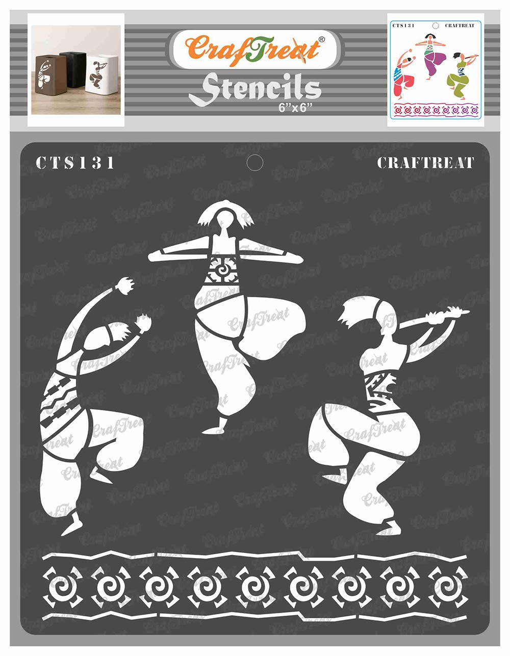 CrafTreat African Tribal Stencils for Crafts Reusable Vintage - Joy of Dancing - Size: 6X6 Inches - Tribal Pattern Stencil for Furniture Painting - African Stencils for Painting on Concrete