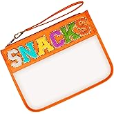 Ebbniur Chenille Letter Clear Bag, Travel Makeup Letter Bag with Zipper, Waterproof Transparent PVC Cosmetic Bag, Cute Snacks Bag Portable Stuff Bag for Women (Orange SNACKS)
