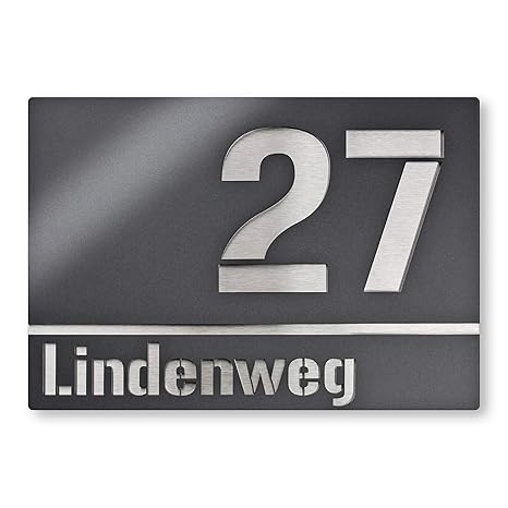 Moderne Hausnummer Edelstahl-Platte – Anthrazit RAL 7016 - Schild mit Nummer und Straßenname - inkl. Gravur-Service