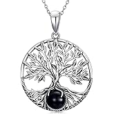 Lattd Tree of Life Necklace with Black Obsidian 925 Sterling Silver Family Tree Pendant Necklaces Jewelry for Men Women, w/Stainless Steel Chain 22’’+2’’