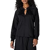 Amazon Essentials Women's Relaxed-Fit Ruffle-Neck Cotton Sateen Long-Sleeve Blouse (Skirt Sold Seperately)