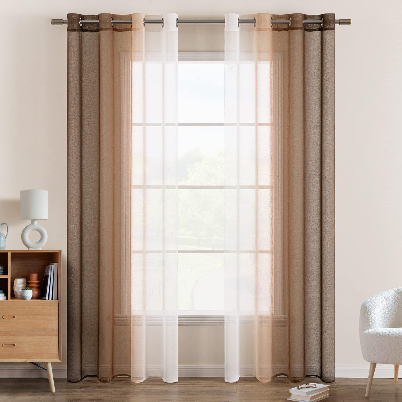 EMEMA Voile Curtain, Two-Tone Curtain with Eyelets, Transparent Curtain, Eyelet Curtain, Translucent Window Scarf for Bedroom, Set of 2, 140 x 200 cm, White Light Coffee