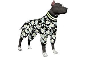 LovinPet Large Dog Jammies, Base Layer Dog Pjs Under Dog Sweater, UV Protection High Collar Dog Jumpsuit, 4 Leg Large Dog Apparel, Stretchable Gerber Daisies White Prints Large Dog Jammies XL