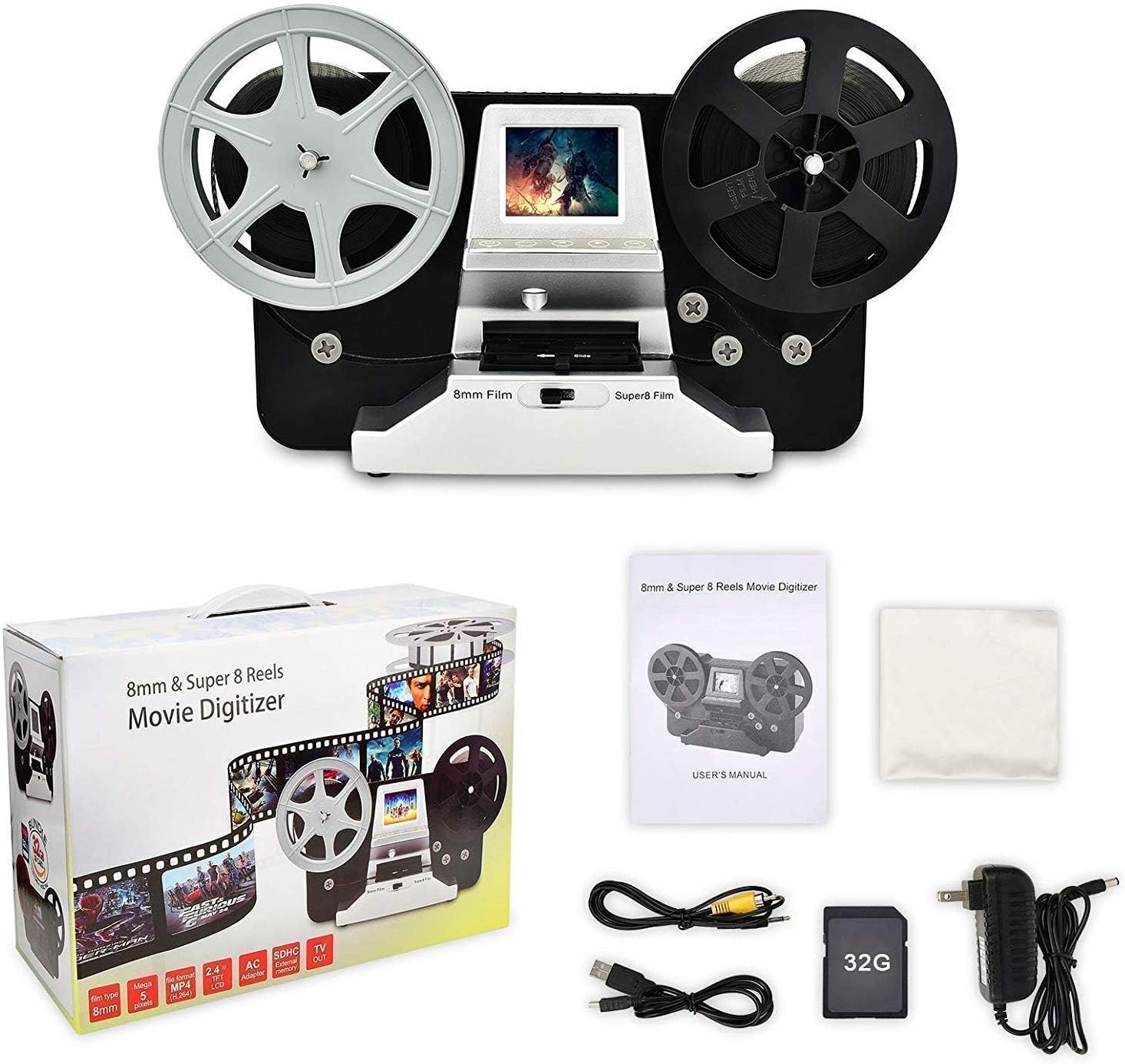 8mm & Super 8 Reels to Digital MovieMaker Film Sanner Converter, Pro Film Digitizer Machine with 2.4" LCD, Black (Convert 3 inch and 5 inch 8mm Super 8 Film reels into Digital) with 32 GB SD Card: Electronics