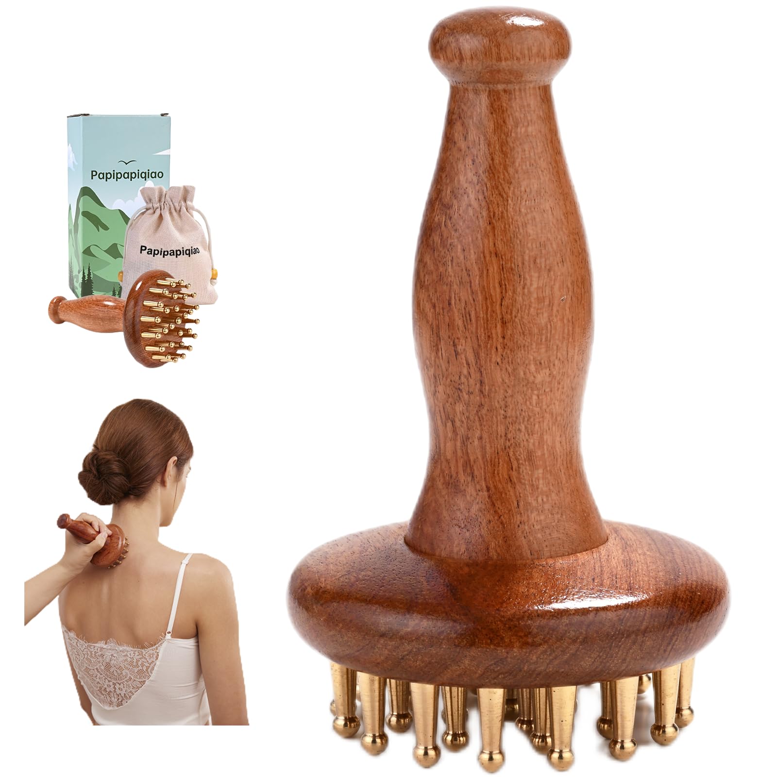 Photo 1 of 29teeth Copper Head Massage Comb for Body and Scalp Meridian Point Massager Brush for Body and Scalp Relief Body Massage Brush for Cellulite Remover Chinese SPA Gua Sha Tool Wooden Handle ???, ???
