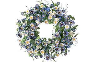 Bibelot Blue White Daisy Spring Wreath for Front Door, 22 Inch Spring Summer Floral Wreath with Eucalyptus Leaves for Wall Wi