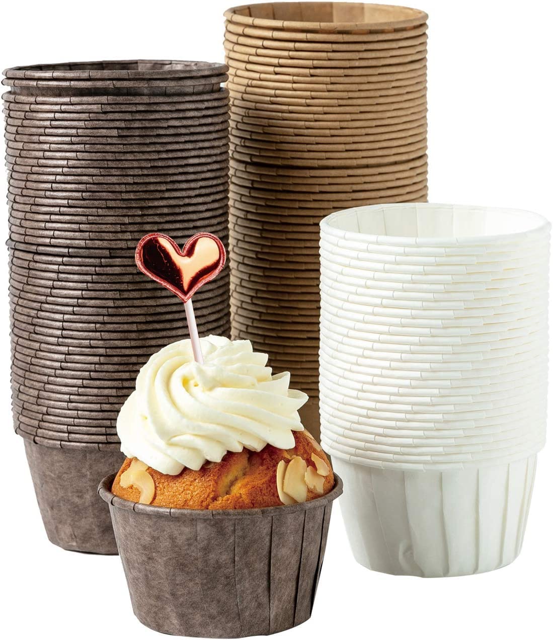 Katbite Cupcake Cases 150pcs, Heavy Duty Greaseproof Paper Baking Cups, Disposable Muffin Cases for Weddings, Birthdays, Parties - White, Brown, Dark Brown