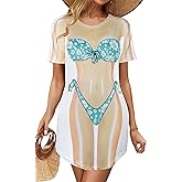 elescat Women's Beach Cover Up Bikini Printed Short Sleeve Tshirt Dress Baggy Cute Coverups