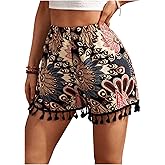 OYOANGLE Women's Tribal Print Tassel Loose Shorts Elastic High Waist Wide Leg Casual Shorts Boho Beach Shorts