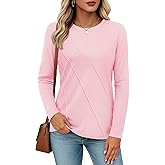 YUCOLEN Long Sleeve Shirts for Women Pleated Crew Neck Cotton T Shirts Solid Color Soft Casual Basic Tees Fall Trendy Tops
