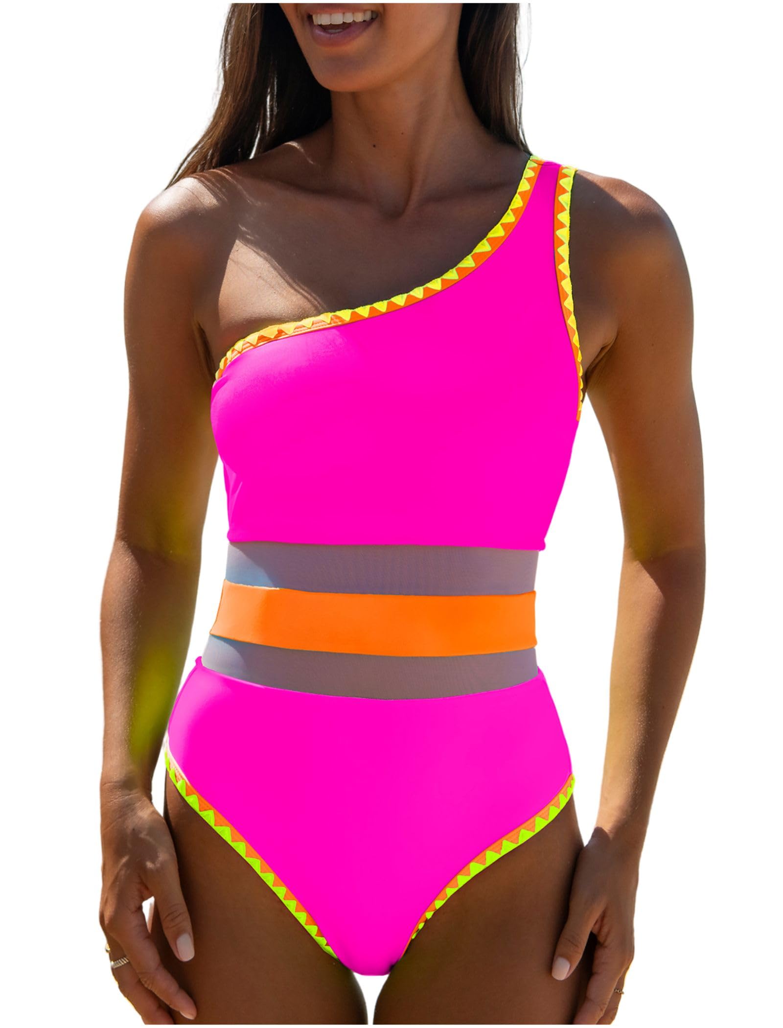 Plus Neon Pink One Shoulder Bikini Set main image 0