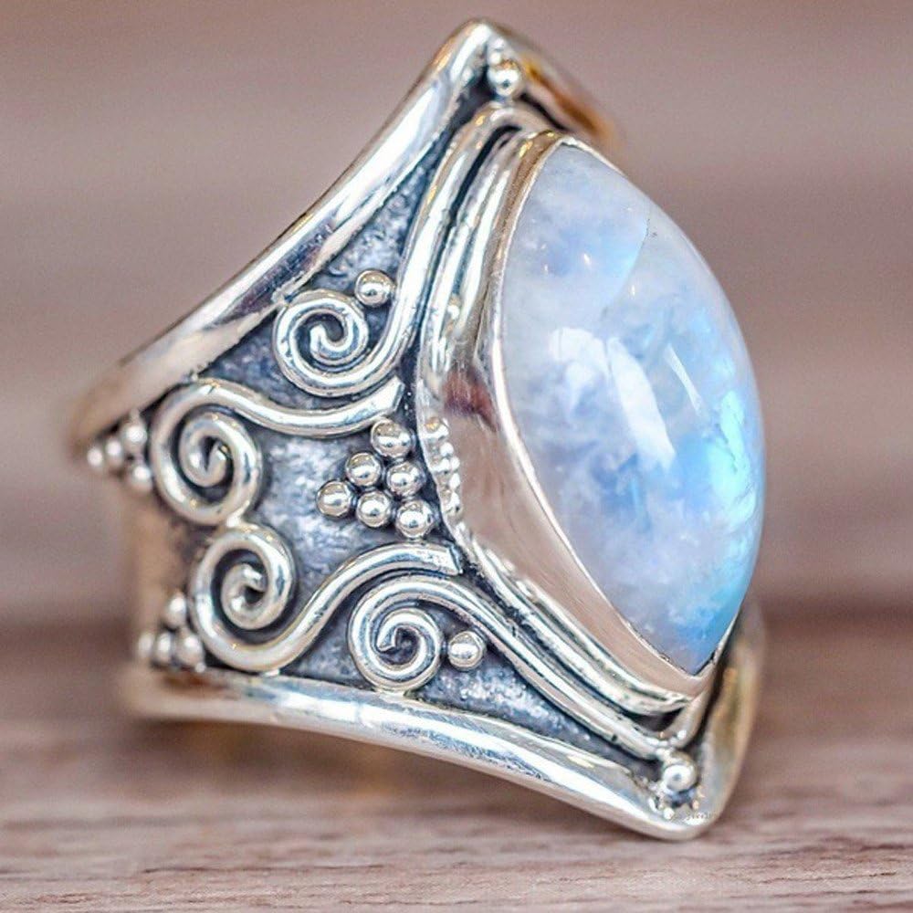 HINK Rings, 1PC Boho Jewelry Silver Natural Gemstone Marquise Moonstone Personalized Ring, Women Jewellery Easter Gifts Sale