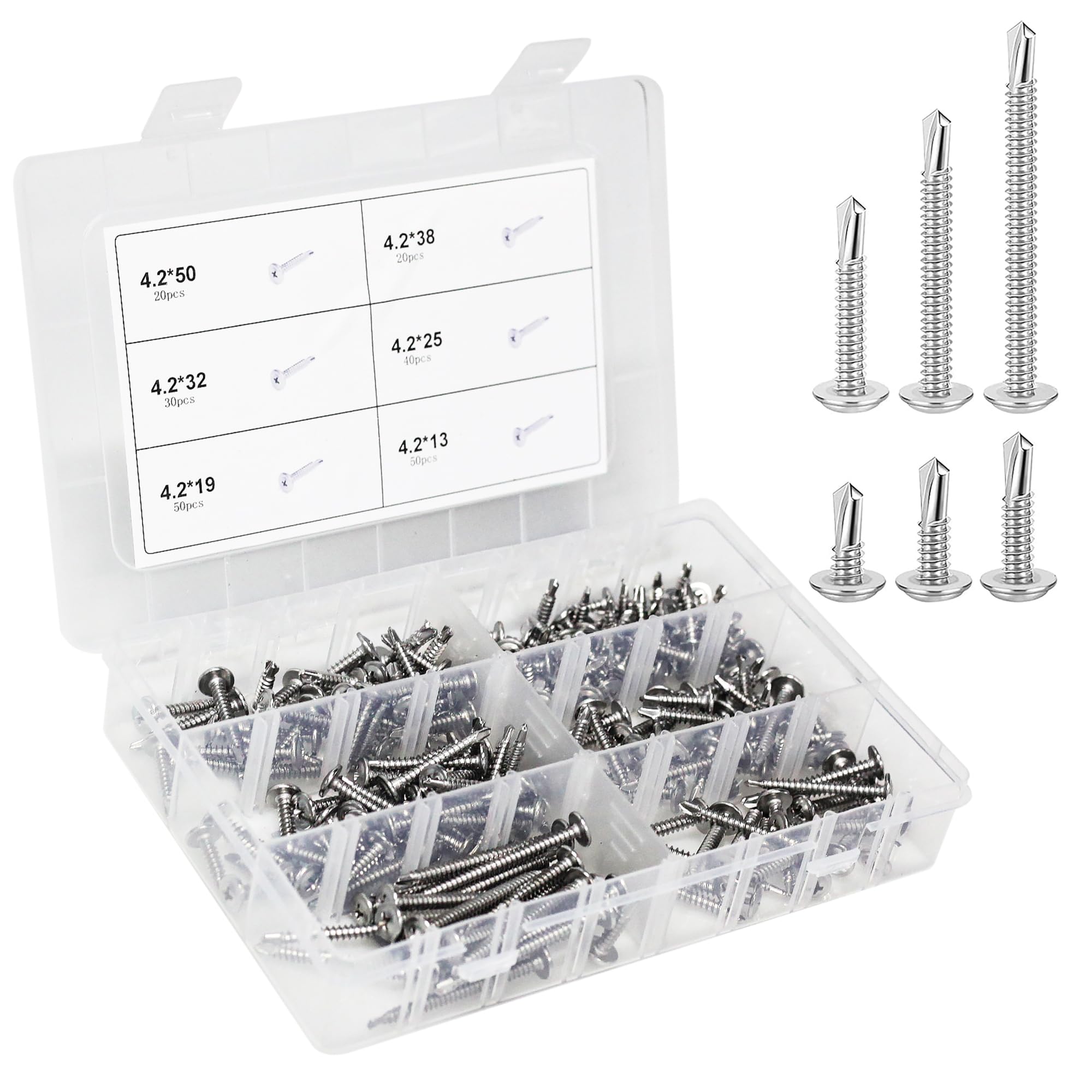 DN DENNOV 210pcs Self-Tapping Screws, Stainless Steel, M4.2 x 50mm/38mm/30mm/25mm/19mm/13mm, Phillips Head, Self-Drilling, Rust-Proof