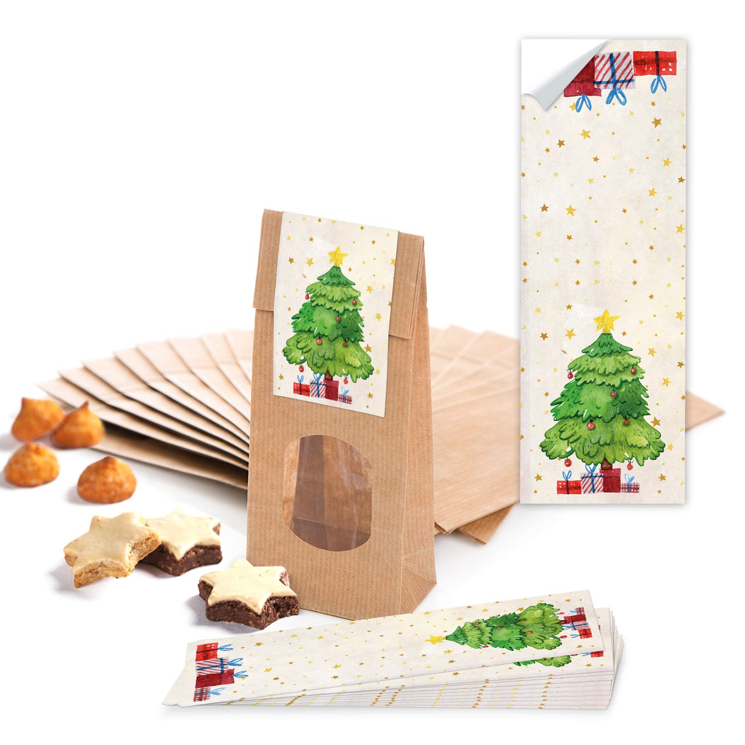 25 Small Brown Christmas Paper Bags Kraft Paper with Window On The Bottom and 7 x 4 x 20.5 cm and 25 Long Sticker Sheets Weihnachtens Tree Red Green Beige Box Gift