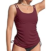 ANFILIA Women's Tankini Top Tie-Side Drawstrings Bathing Suit Top Ribbed Fabric Tummy Control Sporty Swimsuit Top