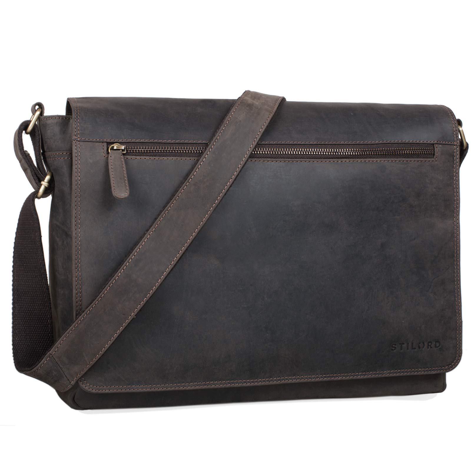 STILORD "Phil" Leather Messenger Bag Shoulder Cross-Body Bag Notebooks up to 15.6 inches Real Buff Leather Colour:Dark - Brown