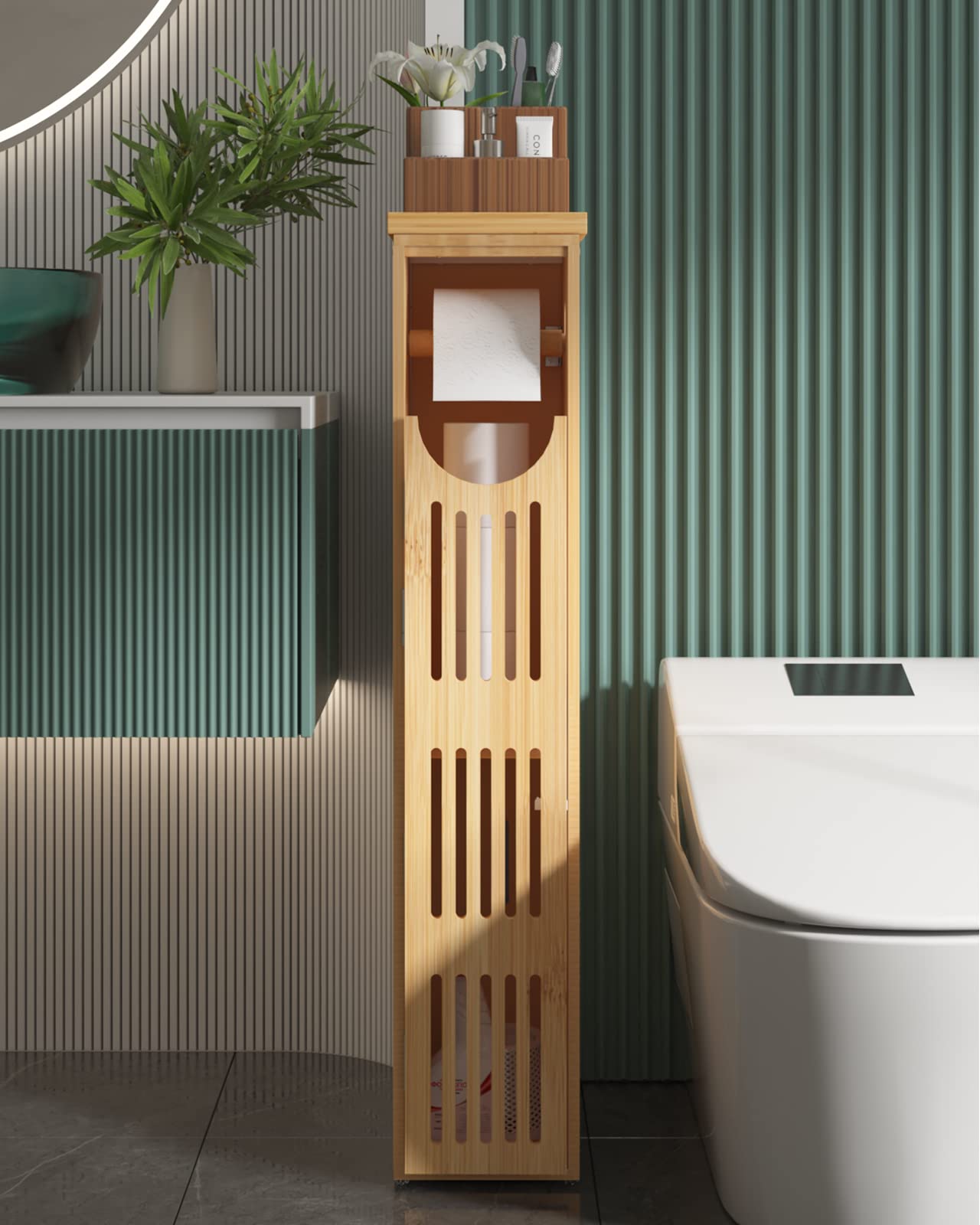 Photo 1 of AmazerBath Toilet Paper Storage Cabinet Bamboo, Toilet Paper Holder with Storage for Small Spaces, Slim Bathroom Storage Cabinet, 33x7.3x6.5 Inches
