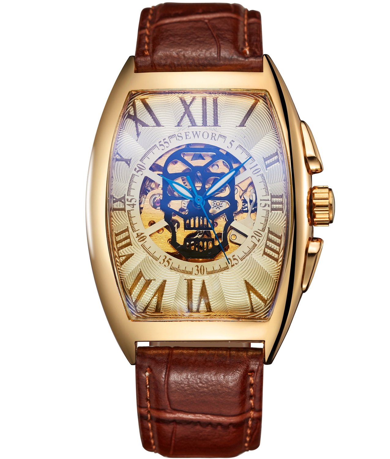 Sewor lusso uomo cranio testa meccanico automatico orologio da polso con fascia in vetro rivestimento blu (Oro & Bianca)