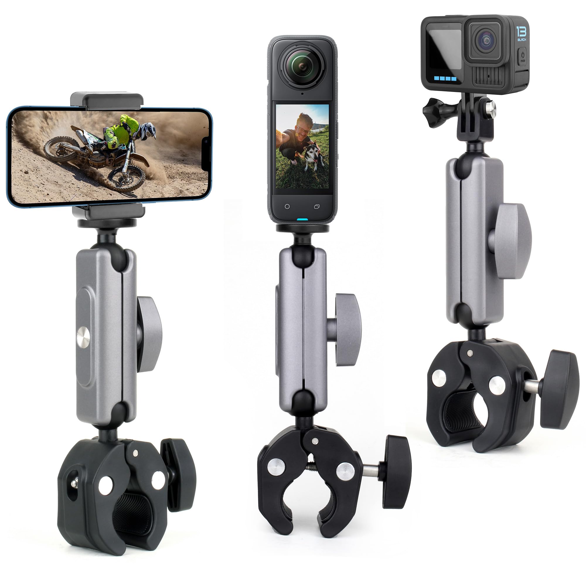 SOONSUN Super Clamp Camera Mount with Dual 360° Ballhead, Magic Arm & Phone Clip, Heavy Duty Clamp Mount for GoPro, Insta360, DJI Osmo, DSLR, iPhone, Bike Motorcycle Handlebar, Pole, Desk
