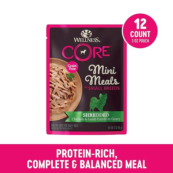WELLNESS CORE NATURAL GRAIN FREE SMALL BREED MINI MEALS WET DOG FOOD, SHREDDED CHICKEN & LAMB ENTRÉE IN GRAVY, 3-OUNCE POUCH (PACK OF 12)
