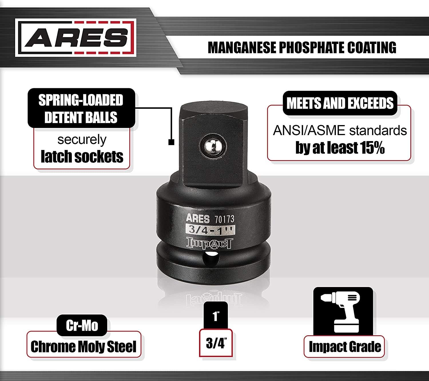 ARES 70170-1/2-Inch F to 3/8-Inch M Impact Socket Adapter - Chrome Molybdenum Steel Construction Exceeds ANSI Standards and Ensures Life Time Use: Automotive