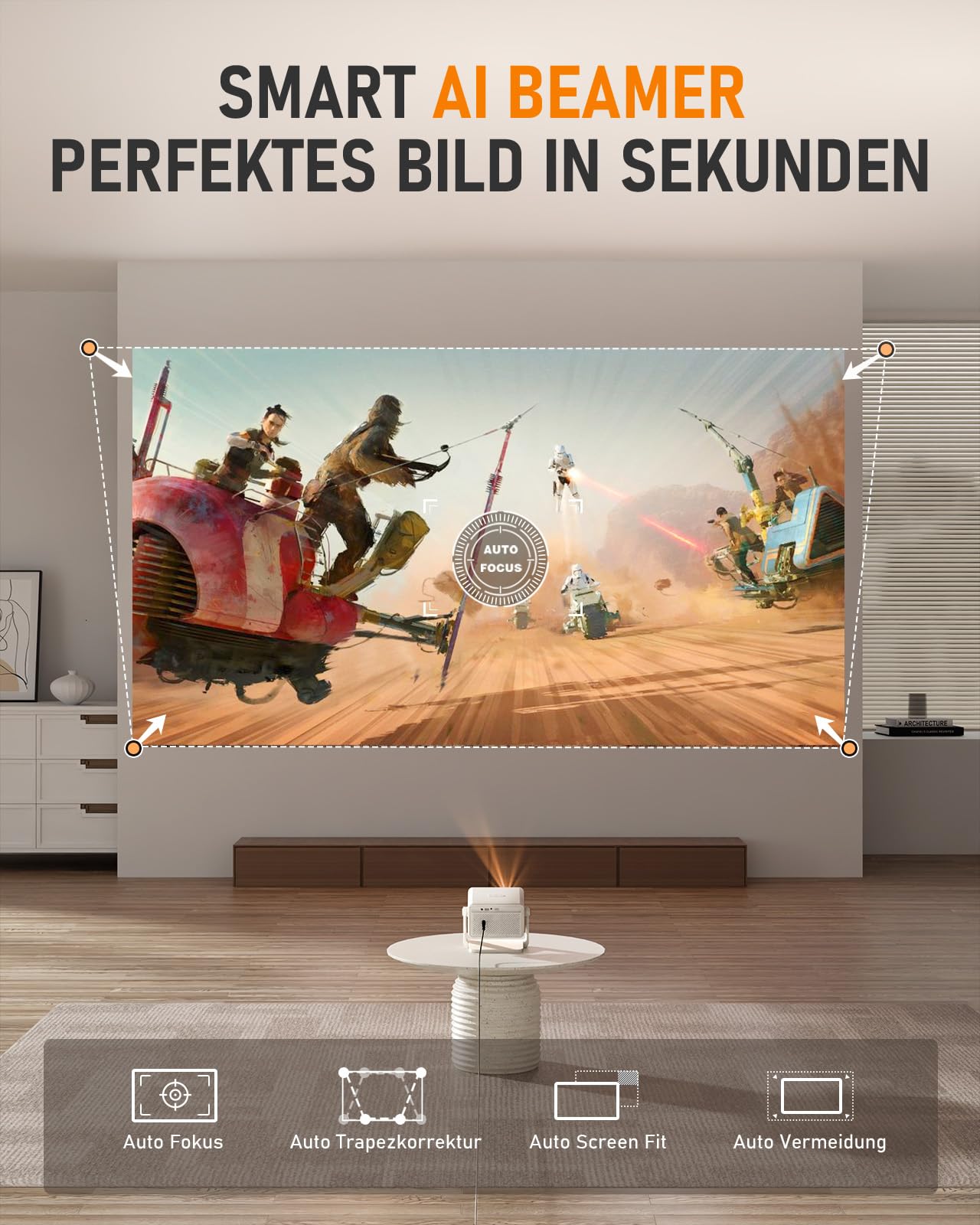 Smart Mini Beamer[Netflix Offiziell ＆ Autofokus / 6D Trapezkorrektur ] 27000L WiFi6 Bluetooth Beamer Klein Full HD 1080P, VISSPL Unterstützt 4K Video Projector,Handy Projektor für Heimkino/Outdoor 4