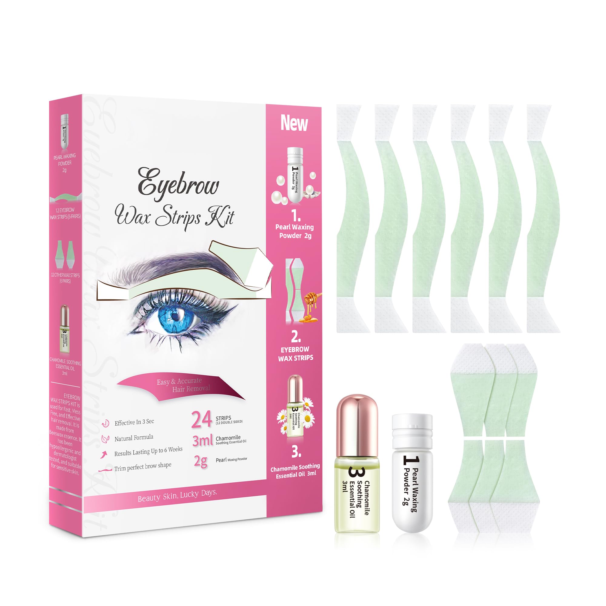 Eyebrow Wax Kit Facial Wax Hair Removal for All Skin Types - 24 Strips, Pearl Powder 2g Essential Oil 3ml - Lasts 6 Weeks
