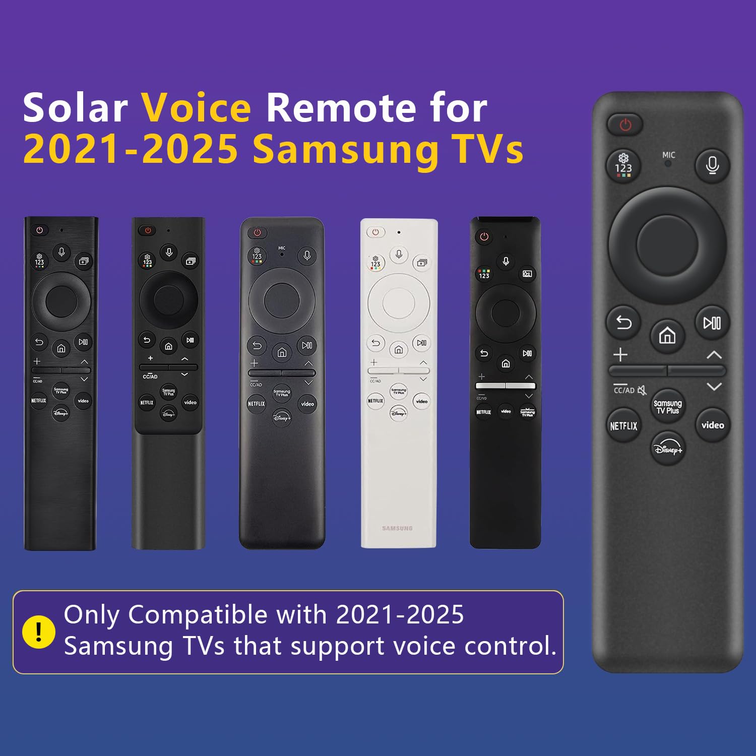 Rechargeable Voice Remote for Samsung Smart TVs, Replacement for 2021–2025 Samsung TV Remote Control with Solar Charging and Voice Search. 2-Year Warranty.
