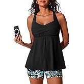 MiYang Tankini Swimsuits for Women 2026 Tummy Control Modest Flowy Two Piece Bathing Suits Top with Pockets Shorts