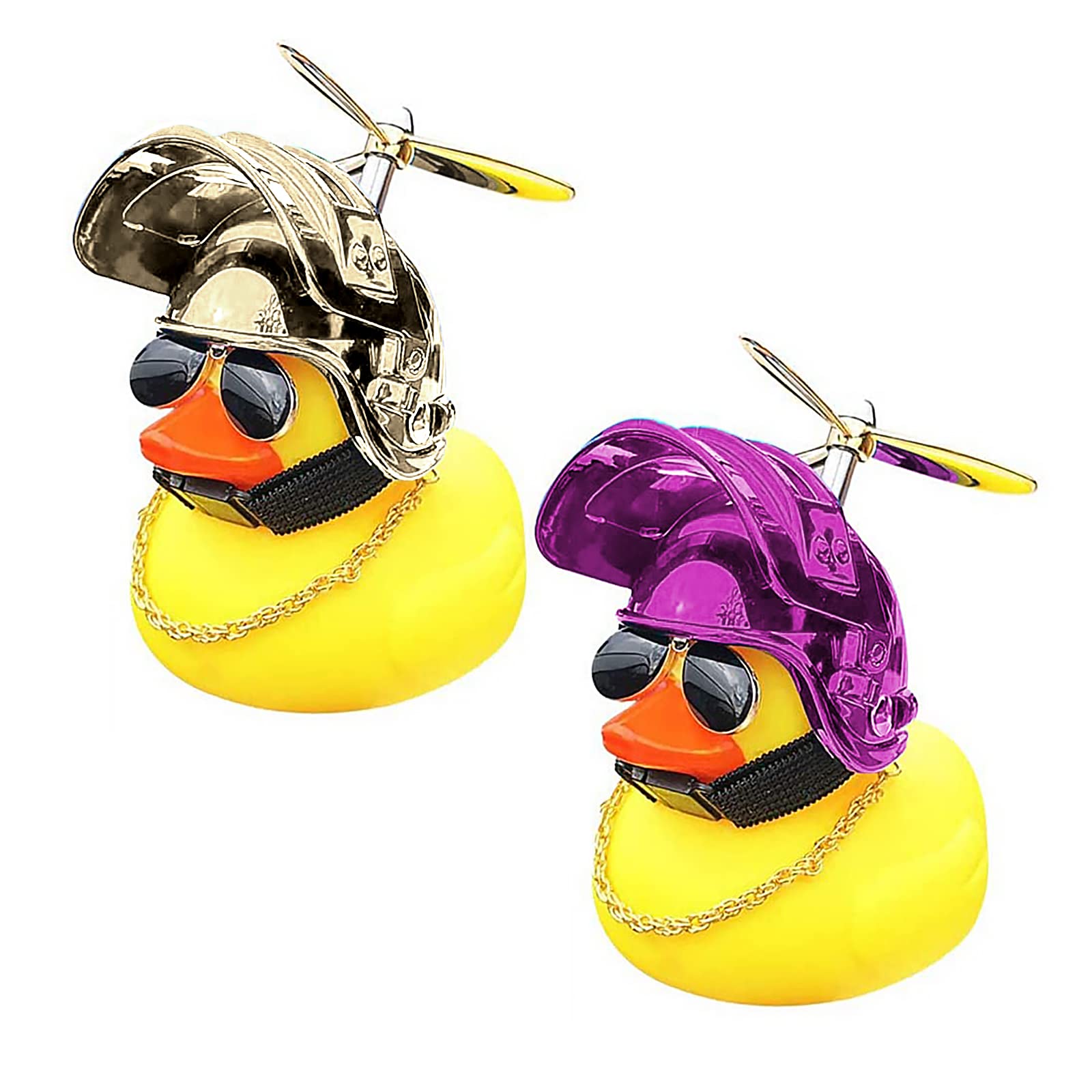 YUEXINYAN 2 Pcs Car Duck Decorations with Propeller Helmet Sunglasses and Chain - Yellow Duck Bike Decorations for Adults, Kids, Women, Men, Gift