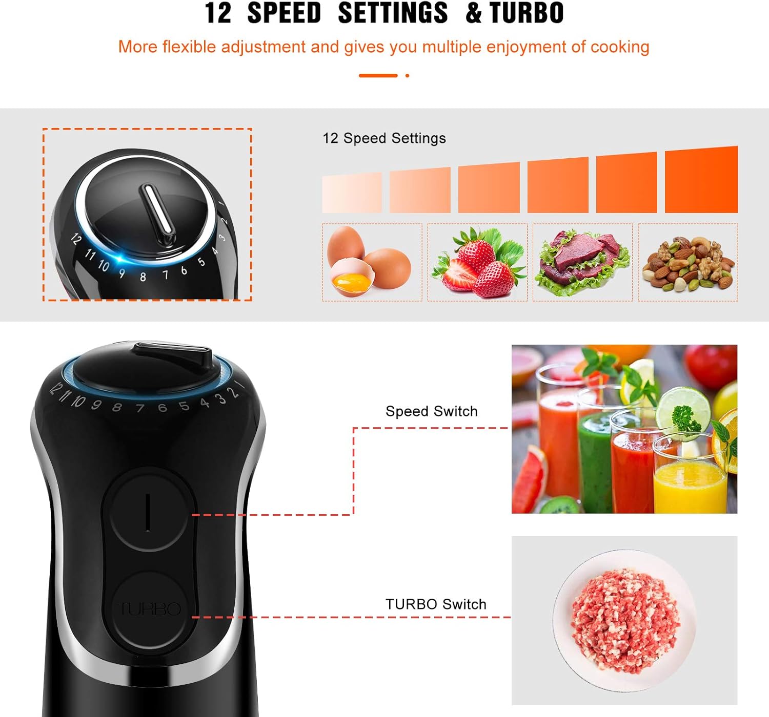 5-in-1 Immersion Hand Blender, MEGAWISE Powerful 800 Watt 12-Speed Stick Blender with Sturdy Titanium Plated Stainless Steel Blades, Including 500ml Chopper, 600ml Beaker, Whisk and Milk Frother Attachments, Dishwasher Safe and BPA-Free: Kitchen & Dining