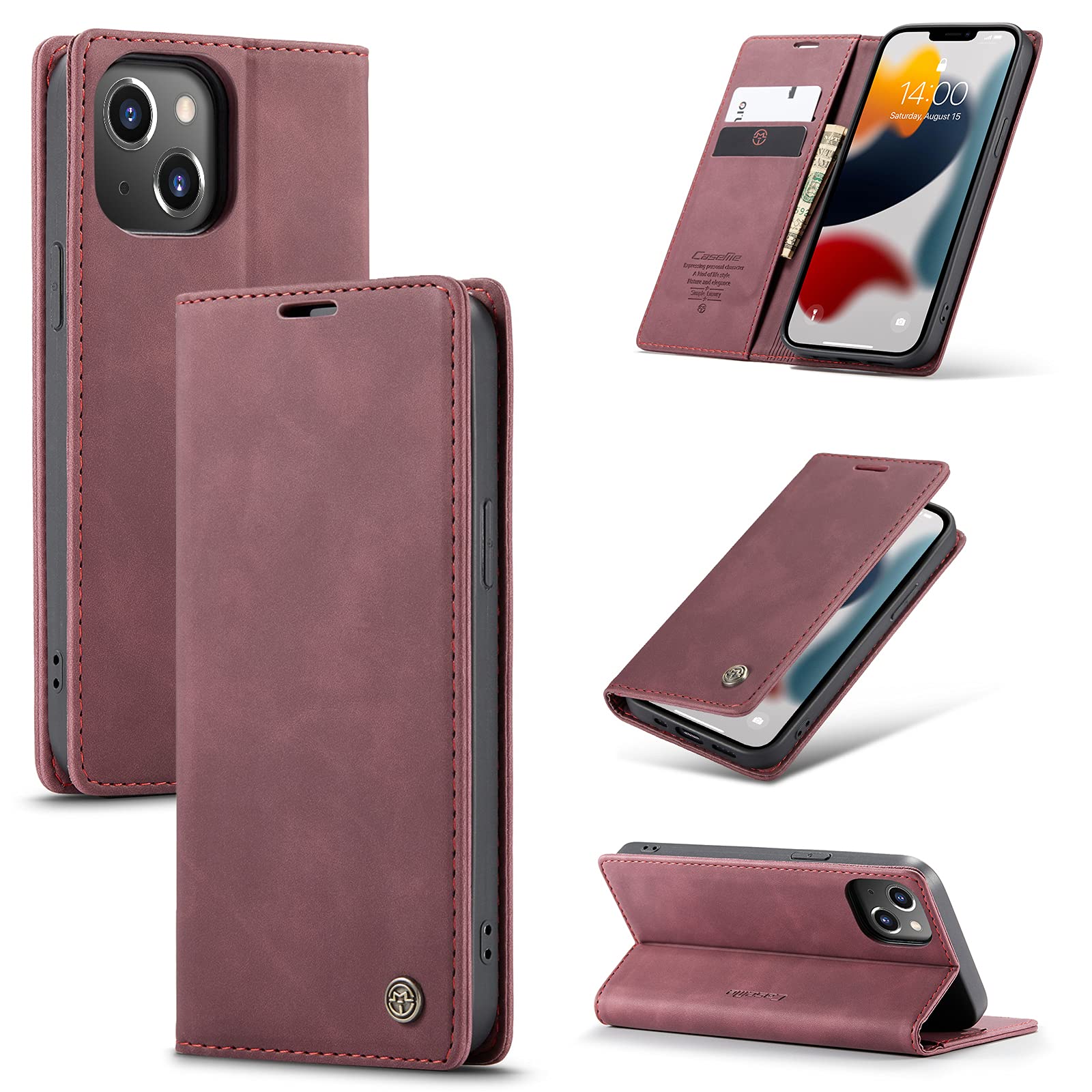 UFinetech Case for iPhone 13, Shockproof Anti-scratch Cover Compatible with iPhone 13 (6.1”), Leather TPU Slim Soft Flip Folio Magnetic Closure Kickstand Card Holder Wallet Camera Protector, Red