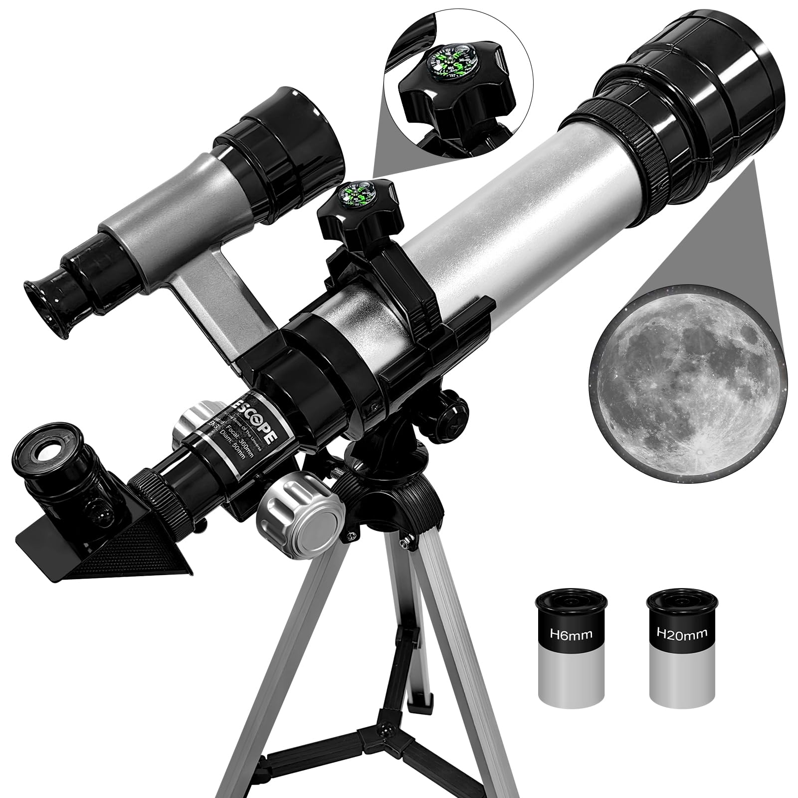 ALEENFOON Kids & Adults 50mm Astronomical Telescope with Adjustable Tripod, Compass & Finder Scope - Perfect for Beginners & Travel