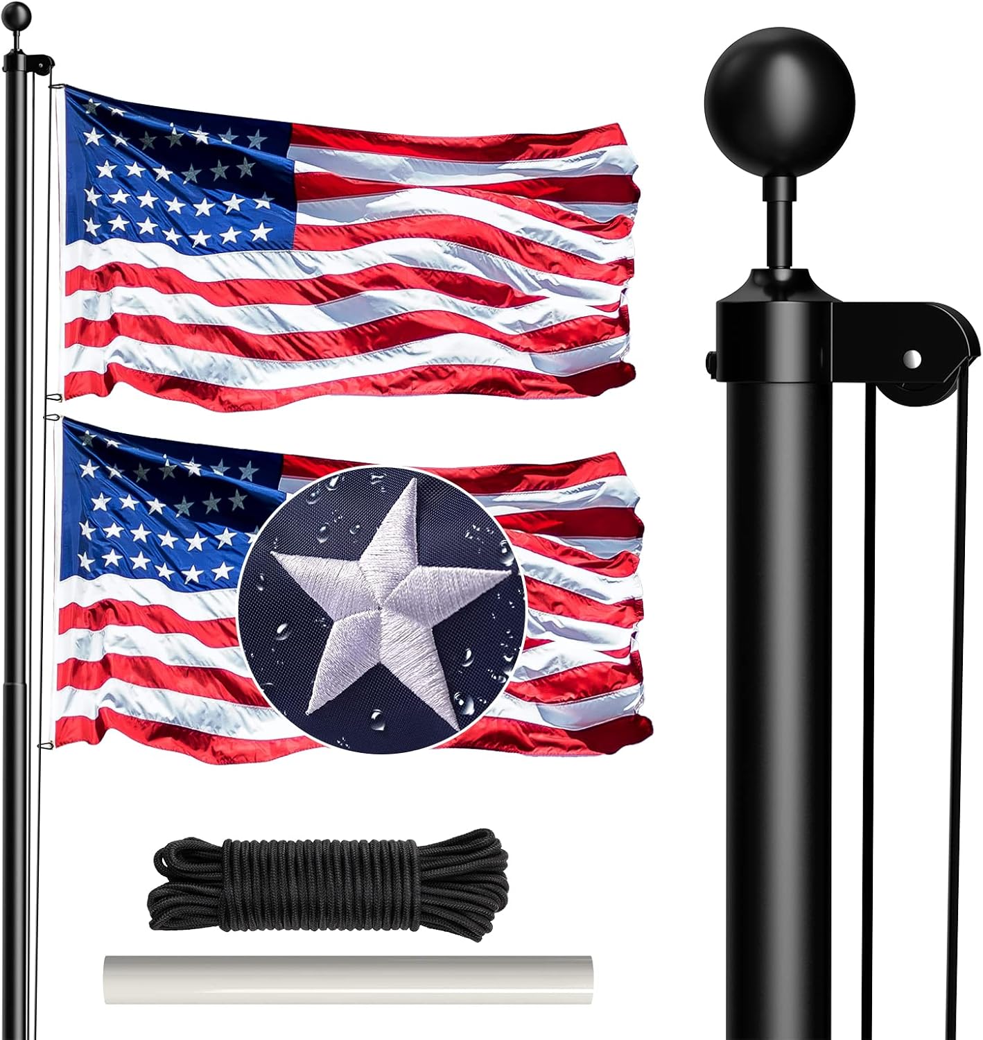 Flagpole Hardware - IIOPE Flag Pole for Outside in Ground - Heavy Duty Flag Pole 13 Gague Extra Thick 25FT Black Sectional Flagpole Kit - 3x5 American Flag with Luxury Embroidered Stars for House Yard Commercial Residential