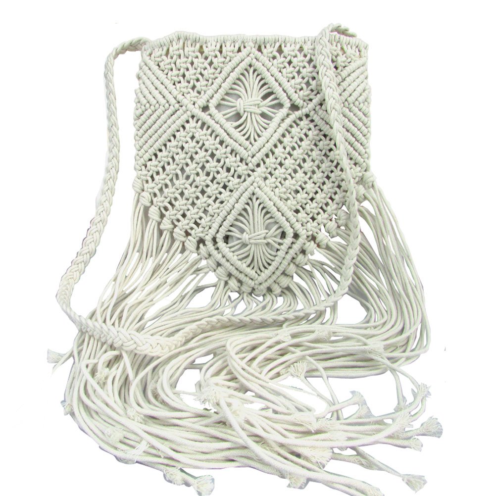 Donalworld Women Hollow Out Fringed Crochet Messenger Bag Bohemian Beach Shoulder Bag White