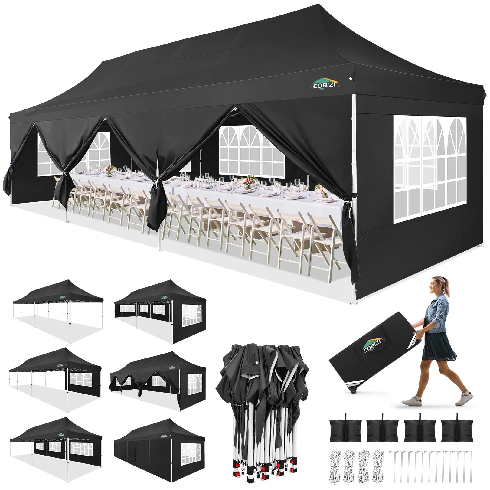 Photo 1 of ******* PARTS ONLY, DAMAGED LEGS, MISSING PARTS **** COBIZI 10x30 Pop up Canopy with 8 Removable Sidewalls, Outdoor Canopy Waterproof Commercial Tents for Parties Wedding, with Upgrade Raised Top Cover and Roller Bag, with 4 Sandbags(Black)