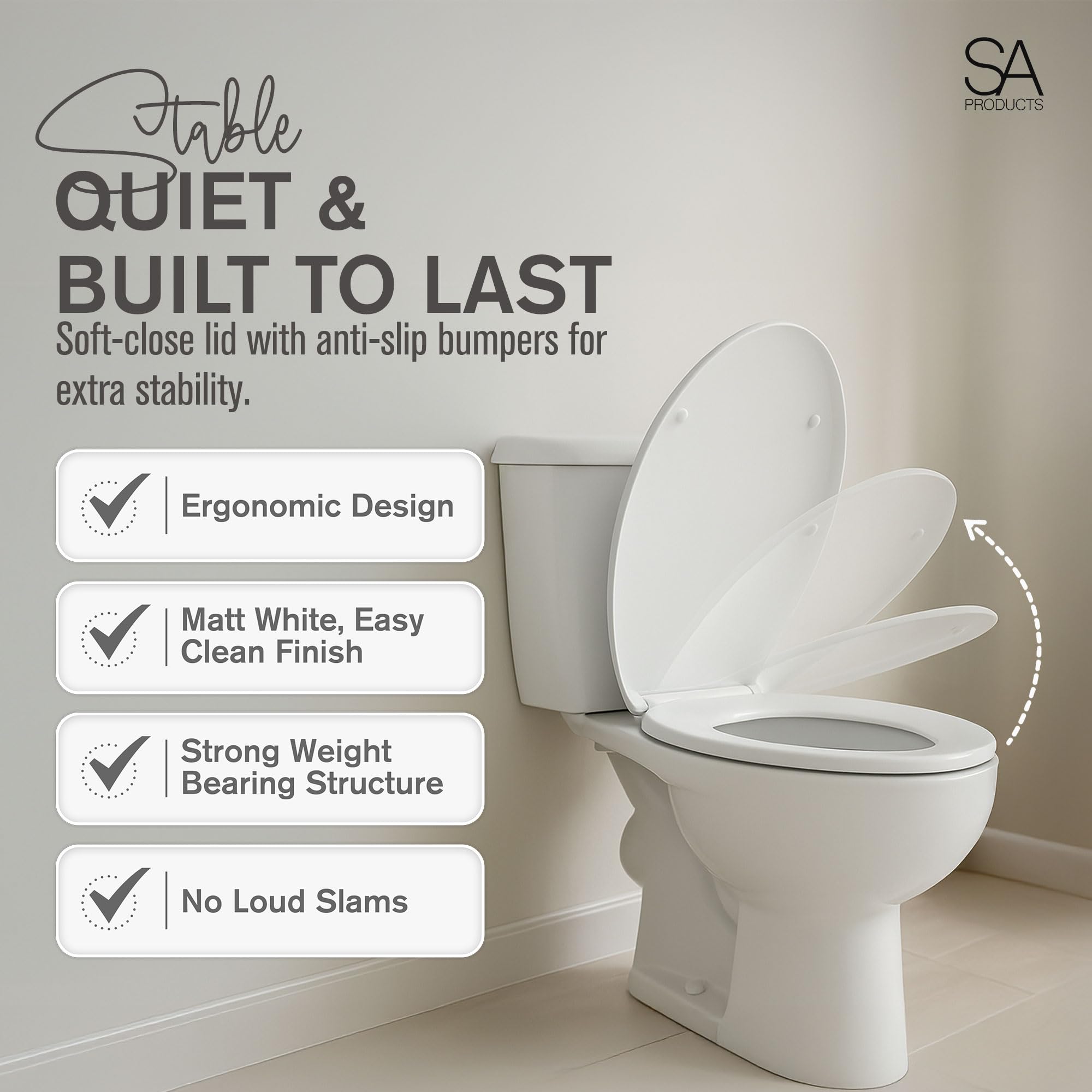 SA Products Quick Release Toilet Seat - with Soft Close & Quick Release Hinges for Easy Cleaning - Universal Bathroom Bowl Seating with Thermoset Lid, ABS Cylinder, Fixings - 44.1x36.5x5cm, White
