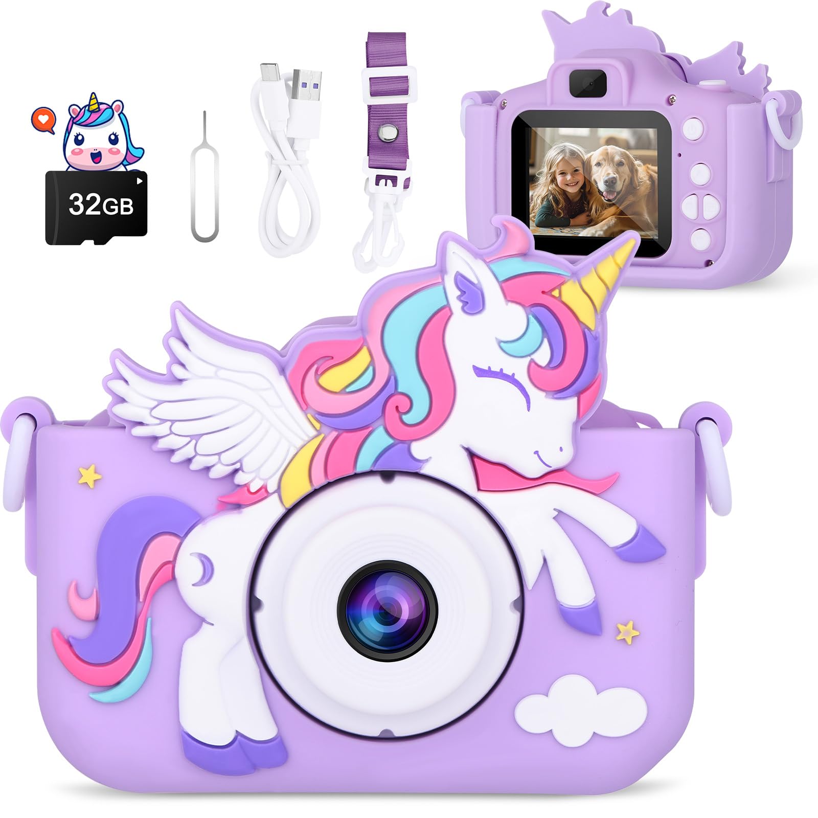 Photo 1 of Kids Camera Unicorn Toys for Girls, Digital Camera for Kids Age 3-8 Toddler Travel Toys, Birthday Gift for Girls 3 4 5 6 7 8 Year Old Christmas, HD 1080P Video Camera, 32G SD Card Included (Purple)