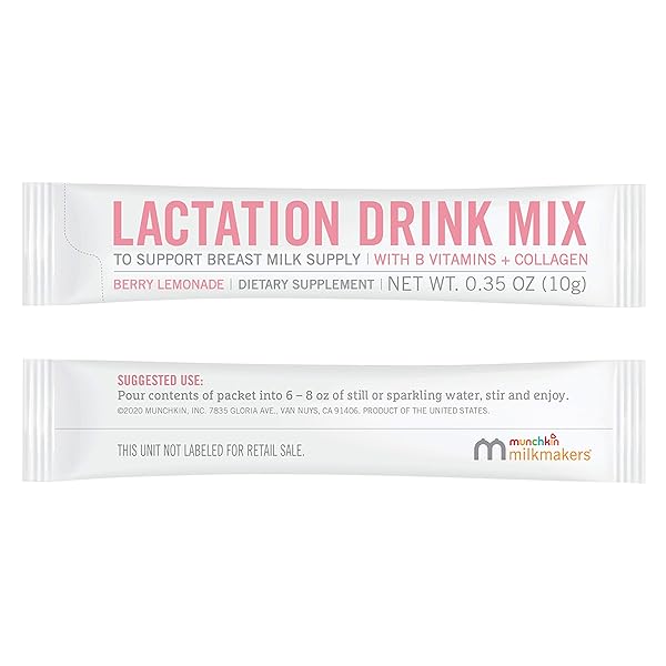 MUNCHKIN MILKMAKERS LACTATION DRINK MIX SUPPLEMENT WITH B VITAMINS/COLLAGEN/FENUGREEK & MILK THISTLE FOR BREASTFEEDING MOMS, BERRY LEMONADE, 12 COUNT