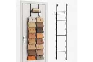 SWTYMIKI Over The Door Purse Organizer - Wall Mounted Handbag Organizer with 16 Hooks and Metal Basket, Hanging Purse Storage Rack Holds up to 16 Bags, Bag Rack Can Use As 1/2 Part, for Door, Closet