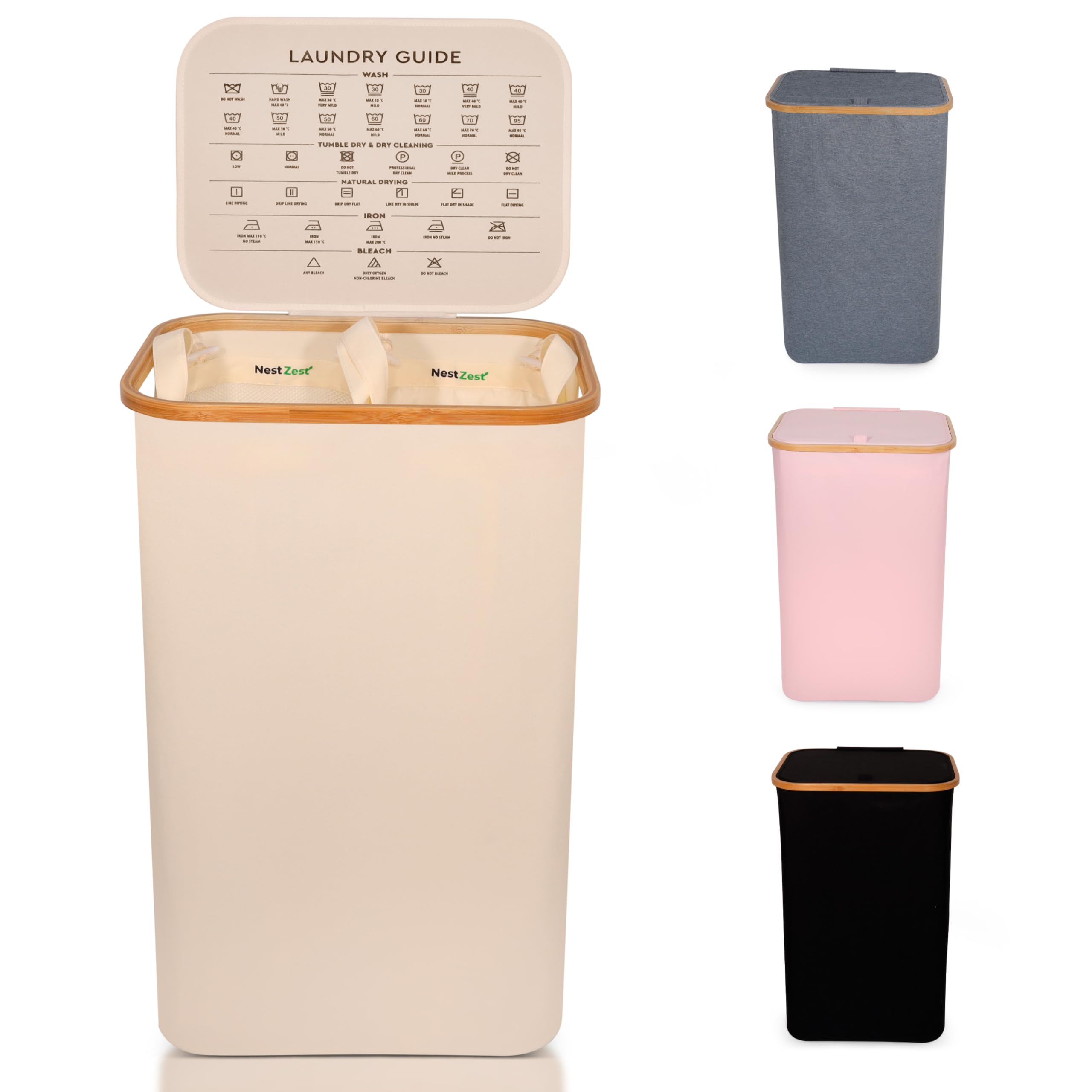 Nest Zest 100L Double Laundry Basket with Lid, 2 Compartments to Sort Washing, Hamper Laundry Bin with Care Guide & 2 Removable Inner Bags, Dirty Clothes Basket with Bamboo Rim Oxford Fabric (Beige)