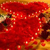 Coume 6000 Pcs Artificial Rose Petals with 72 Pcs Flameless LED Candles Romantic Decorations Fake Candles Anniversary Decorations for Valentine's Day Wedding Night(Red)