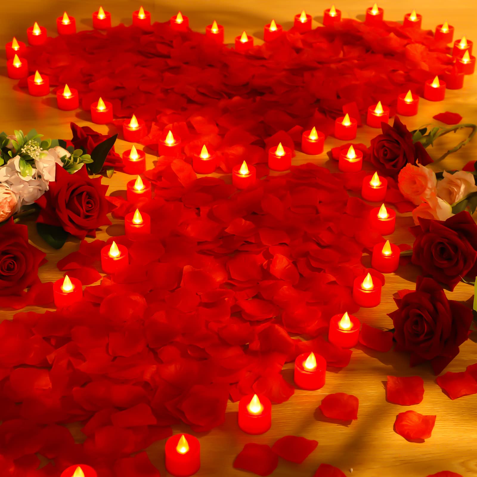 Photo 1 of Coume 6000 Pcs Artificial Rose Petals with 72 Pcs Flameless LED Candles Romantic Decorations Fake Candles Happy Anniversary Decorations for Wedding Night(Red)