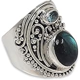 NOVICA Artisan Handcrafted Labradorite Blue Topaz Cocktail Ring Balinese Silver Sterling Grey Indonesia Birthstone 'Misty Starlight'