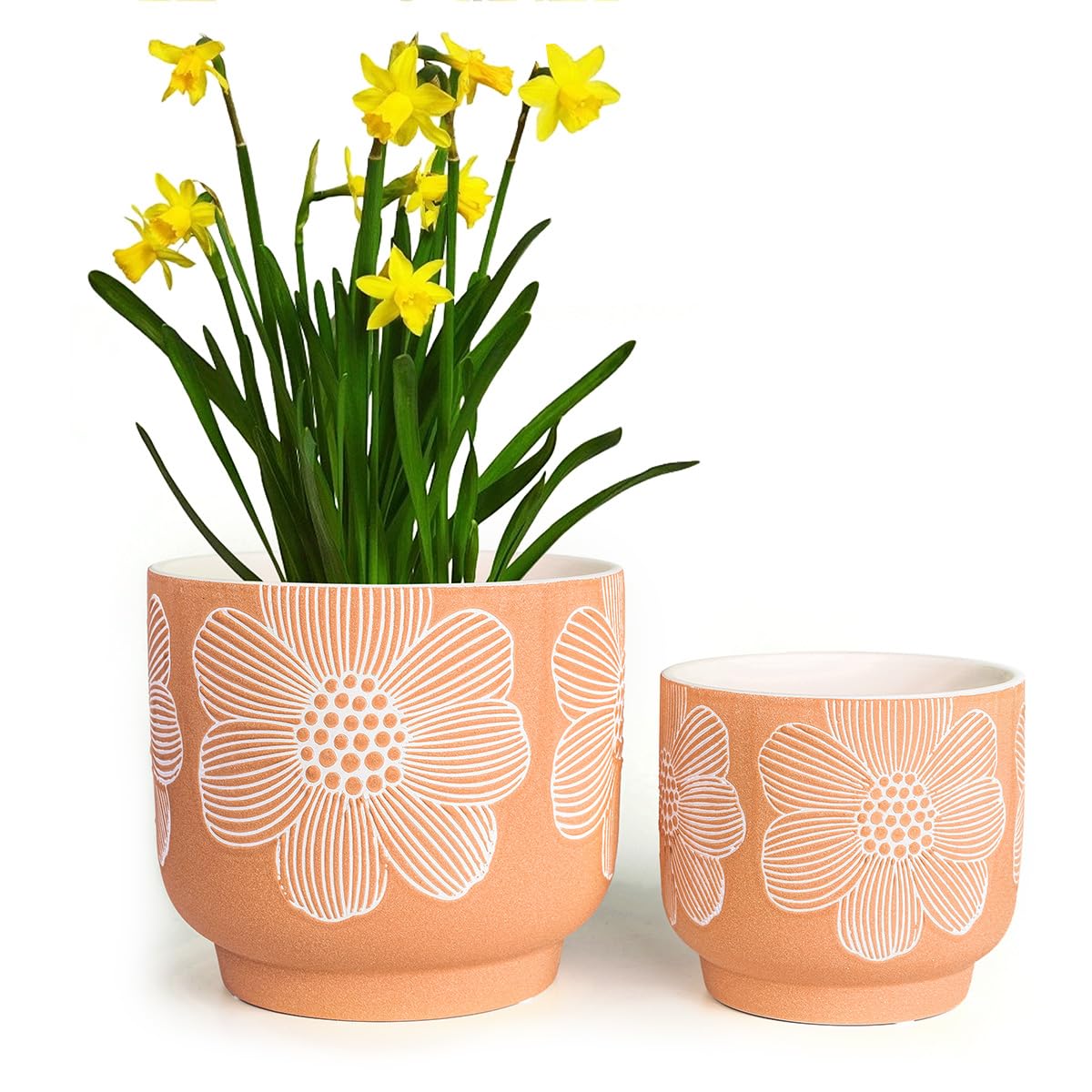 Photo 1 of YBX 8 Inch + 6 Inch White Flower Pattern Plant Pots, Sand Glazed Ceramic Planter with Drainage Hole, Flower Pots for Indoor Plants, Orange