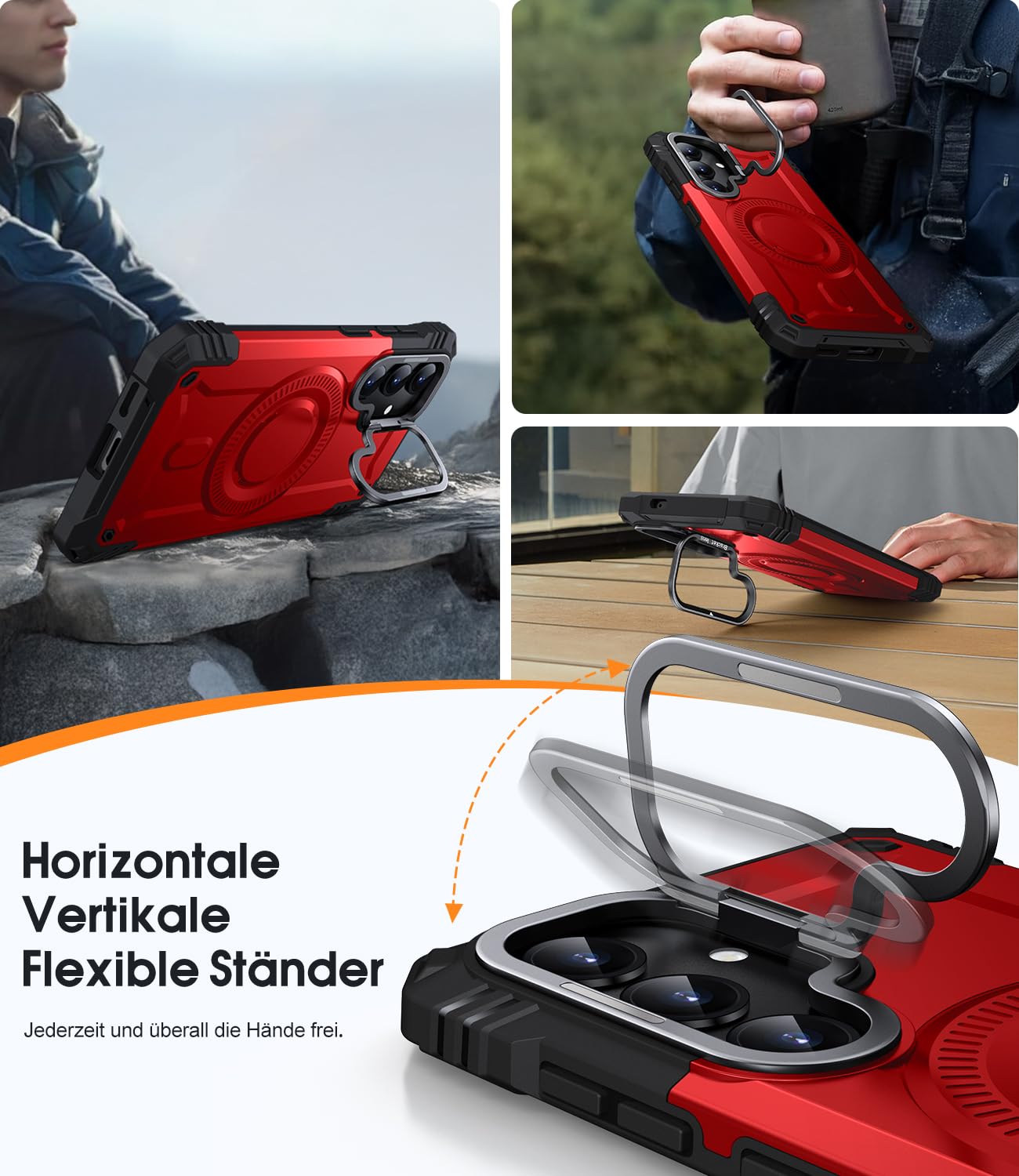 AOUIA Samsung Galaxy S24/S25 Hülle mit MagSafe Kompatibilität, Eingebauter Ständer und Militärischer Schutz - Magnetische Handyhülle in Rot 4