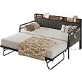 LIKIMIO Twin Daybed With Trundle & Charging Station - Upholstered Guardrail, Built-in LED Lights, USB/USB-C Ports, PU Leather Sofa Bed For Living Room Or Bedroom