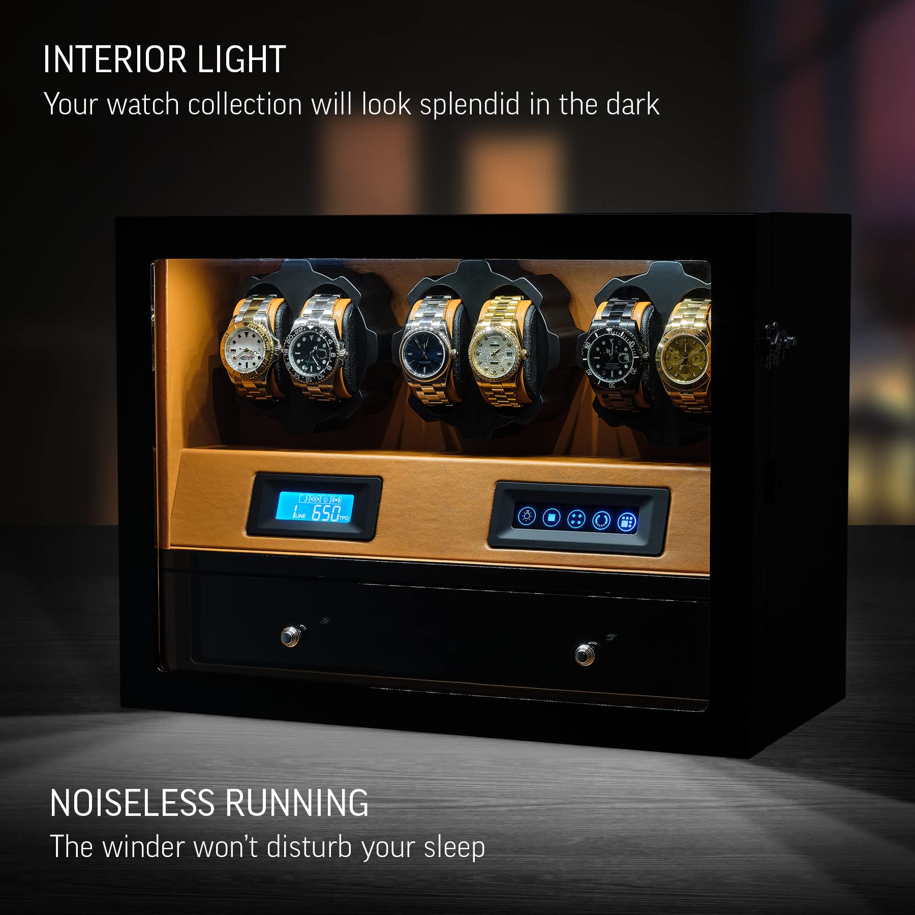 6 Watch Winder with Jewelry Storage Drawer, LCD Display, Touch Control and Interior Backlight