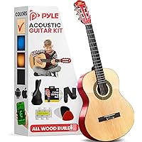 PYLE 30" Classical Acoustic Guitar Kit-1/4 Size, Handcrafted Wood Natural Gloss Finish, 6 Nylon Strings w/Gig Bag, Tuner, Ext